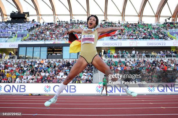 Malaika Mihambo of Team Germany celebrates winning gold in the Women's Long Jump Final on day ten of the World Athletics Championships Oregon22 at...