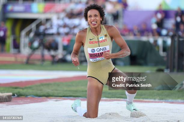Malaika Mihambo of Team Germany reacts after competingin the Women's Long Jump Final on day ten of the World Athletics Championships Oregon22 at...