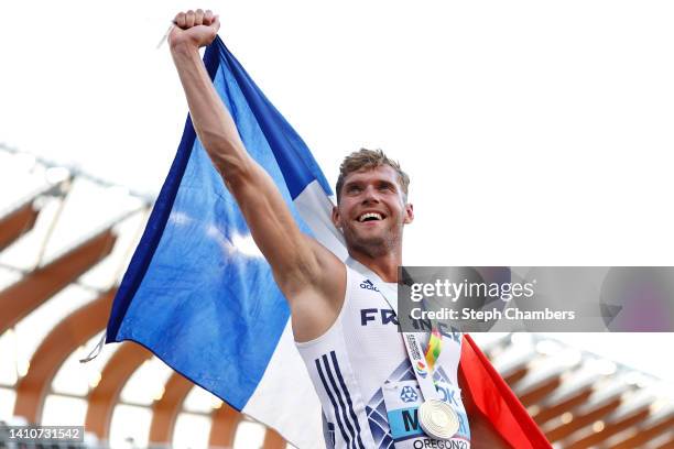 Kevin Mayer of Team France celebrates after winning gold in the Men's Decathlon on day ten of the World Athletics Championships Oregon22 at Hayward...
