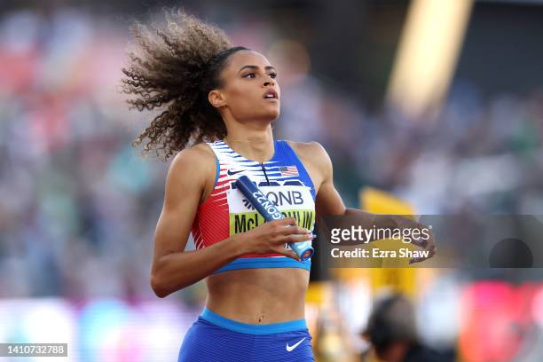 Sydney McLaughlin of Team United States reacts after winning gold in the Women's 4x400m Relay Final on day ten of the World Athletics Championships...