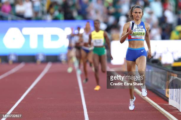 Sydney McLaughlin of Team United States competes in the Women's 4x400m Relay Final on day ten of the World Athletics Championships Oregon22 at...