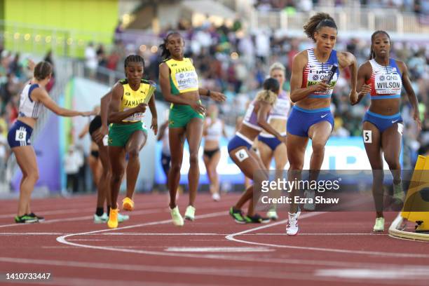 Britton Wilson hands off to Sydney McLaughlin of Team United States in the Women's 4x400m Relay Final on day ten of the World Athletics Championships...