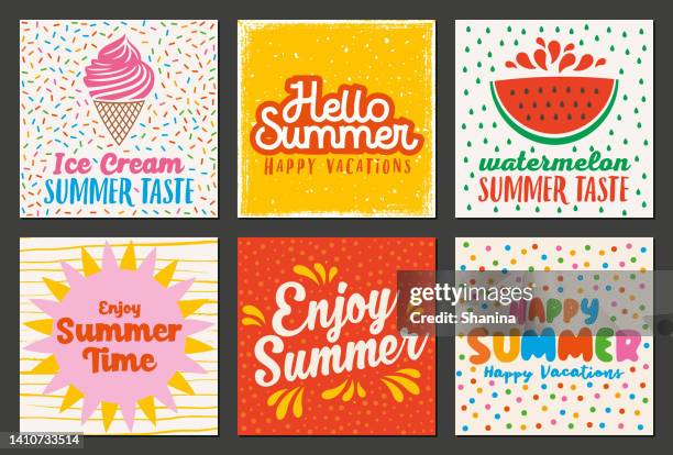 summertime square greeting cards set - summer fun stock illustrations