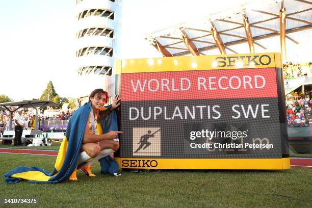 Armand Duplantis of Team Sweden poses with his world record in the Men's Pole Vault Final on day ten of the World Athletics Championships Oregon22 at...