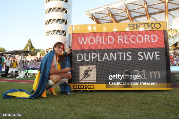 Armand Duplantis of Team Sweden poses with his world record in the Men's Pole Vault Final on day ten of the World Athletics Championships Oregon22 at...