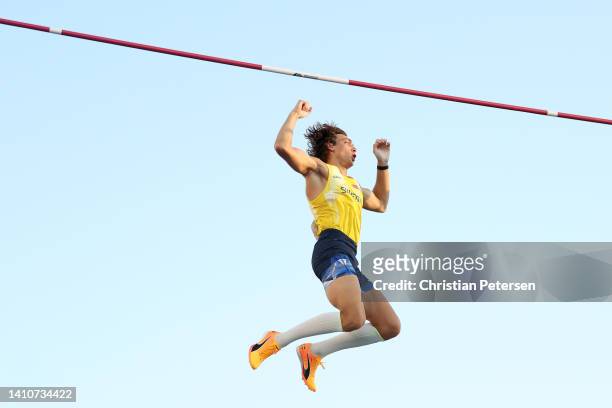 Armand Duplantis of Team Sweden competes in the Men's Pole Vault Final on day ten of the World Athletics Championships Oregon22 at Hayward Field on...