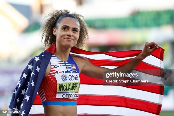 Sydney McLaughlin of Team United States celebrates winning gold in the Women's 4x400m Relay Final on day ten of the World Athletics Championships...