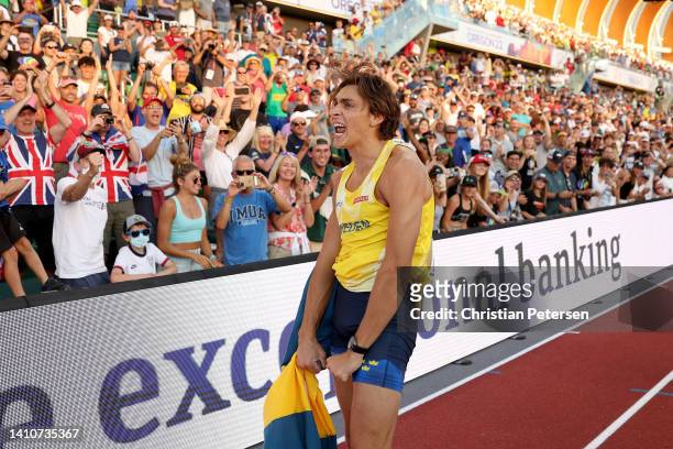 Armand Duplantis of Team Sweden reacts after setting a world record and winning gold in the Men's Pole Vault Final on day ten of the World Athletics...