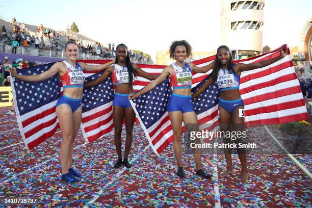 Gold medalists Abby Steiner, Talitha Diggs, Sydney McLaughlin, and Britton Wilson of Team United States celebrate after competing in the Women's...