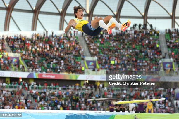 Armand Duplantis of Team Sweden reacts after setting a world record and winning gold in the Men's Pole Vault Final on day ten of the World Athletics...