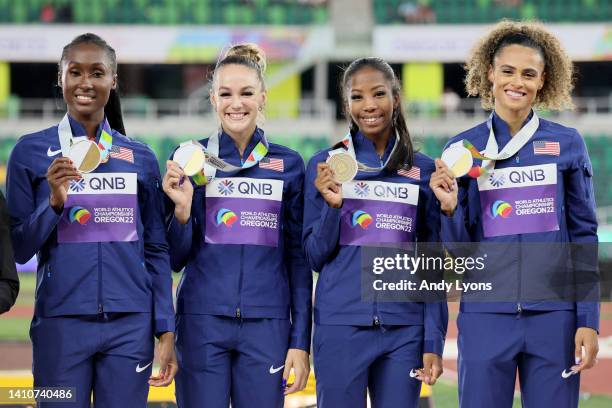 Gold medalists Talitha Diggs, Abby Steiner, Britton Wilson and Sydney McLaughlin of Team United States pose during the medal ceremony for the Women's...