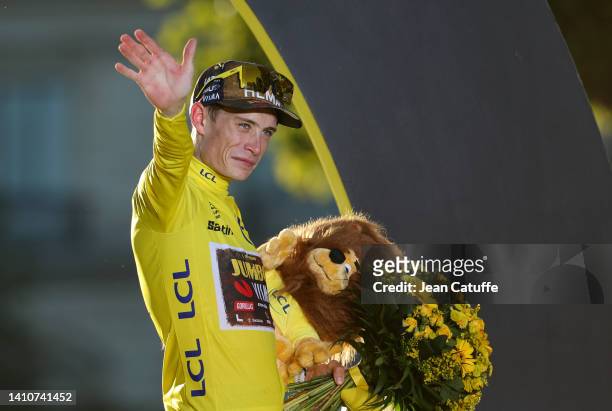Winner of the Tour 2022, yellow jersey Jonas Vingegaard of Denmark and Jumbo - Visma during the final podium ceremony following stage 21 of the 109th...