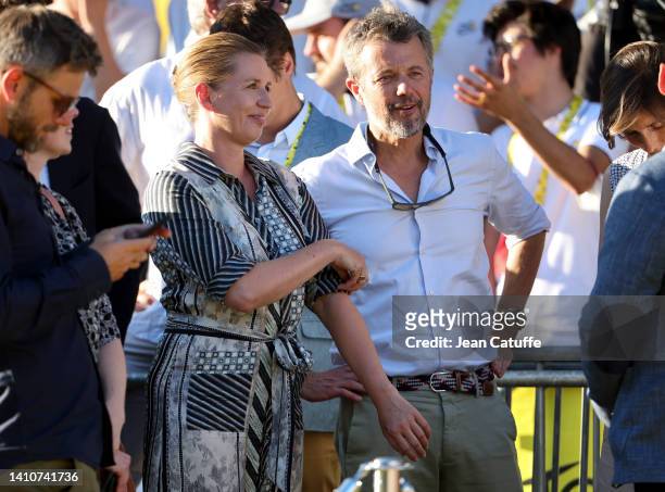 Prime Minister of Denmark Mette Frederiksen, Crown Prince Frederik of Denmark during the final podium ceremony following stage 21 of the 109th Tour...