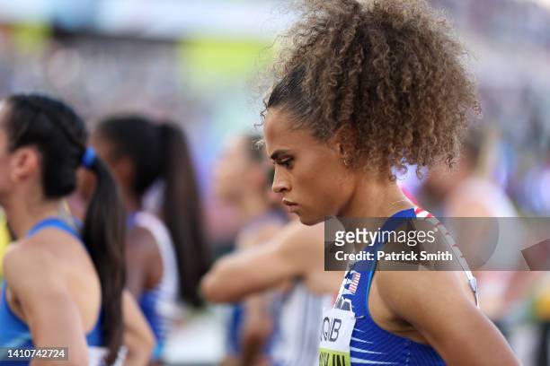 Sydney McLaughlin of Team United States looks on ahead of competing in the Women's 4x400m Relay Final on day ten of the World Athletics Championships...
