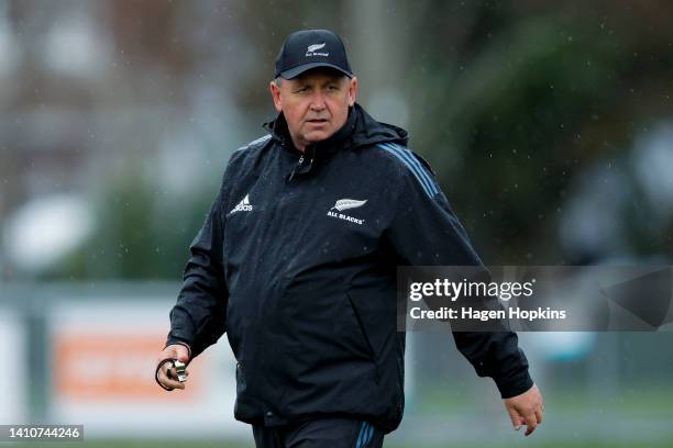 Coach Ian Foster looks on during a New Zealand All Blacks Training Session at Hutt Recreation Ground on July 25, 2022 in Wellington, New Zealand.