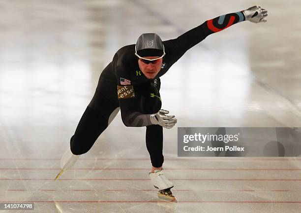 Tucker Fredericks of USA competes in the 500m heats during Day 1 of the Essent ISU Speed Skating World Cup at Sportforum Berlin on March 9, 2012 in...