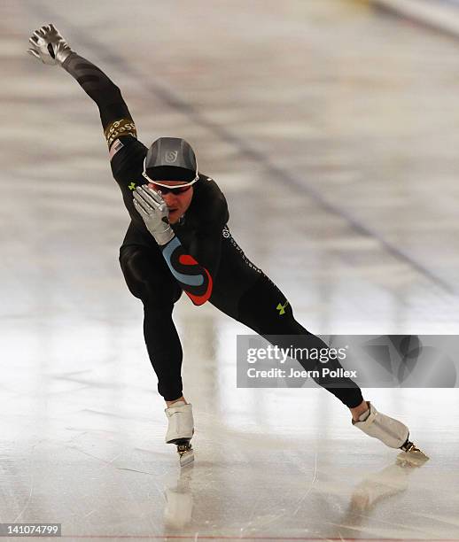 Tucker Fredericks of USA competes in the 500m heats during Day 1 of the Essent ISU Speed Skating World Cup at Sportforum Berlin on March 9, 2012 in...