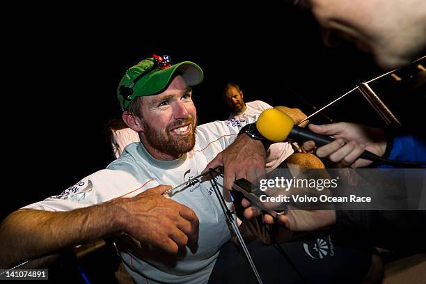 Brad Marsh from New Zealand is interviewed onboard Groupama Sailing Team, finishing first in to Auckland harbour at night, on leg 4 from Sanya, China...