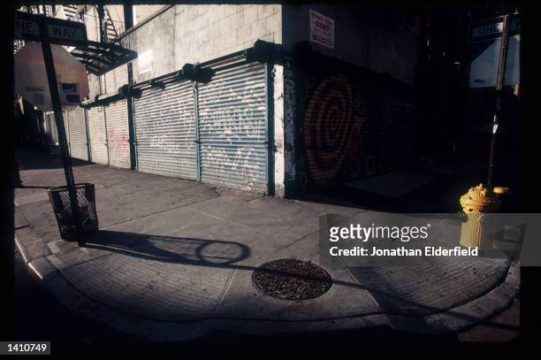 Graffiti covers security gates in the East Village June 1, 1998 in New York City. Populated by residents of numerous heritages including Jewish,...