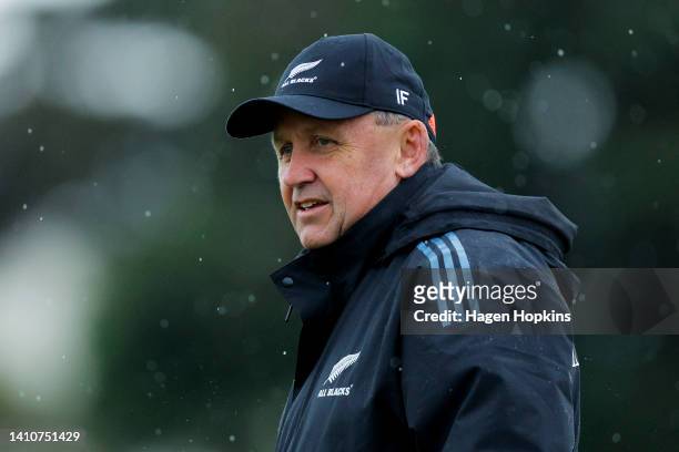 Coach Ian Foster looks on during a New Zealand All Blacks Training Session at Hutt Recreation Ground on July 25, 2022 in Wellington, New Zealand.