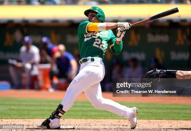 Ramon Laureano of the Oakland Athletics bats against the Texas Rangers in the bottom of the fifth inning at RingCentral Coliseum on July 24, 2022 in...