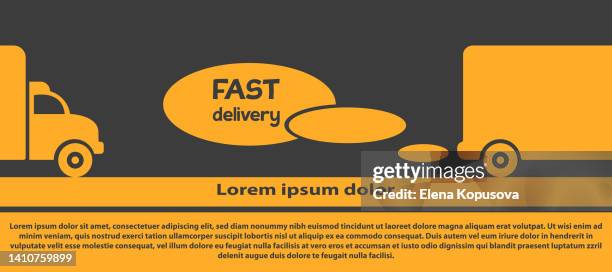 ilustraciones, imágenes clip art, dibujos animados e iconos de stock de el concepto de entrega rápida en todo el mundo y comercio electrónico. camión en un estilo plano sobre un fondo de color con espacio para el texto. infografías de pedidos en línea, página web, diseño de aplicaciones. - camión frigorífico