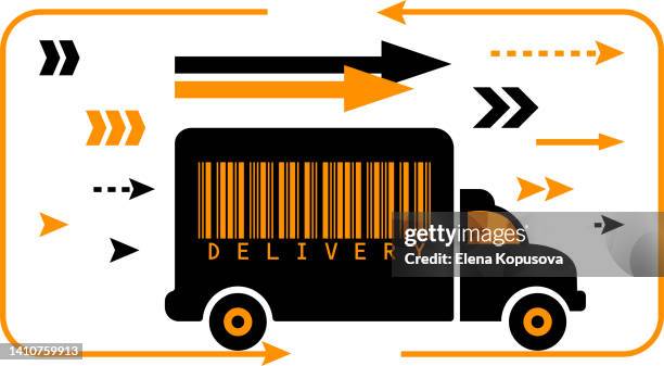 ilustraciones, imágenes clip art, dibujos animados e iconos de stock de el concepto de entrega rápida en todo el mundo y comercio electrónico. camión de reparto con flechas de estilo plano sobre fondo blanco aislado. infografías de pedidos en línea, página web, diseño de aplicaciones. - camión frigorífico