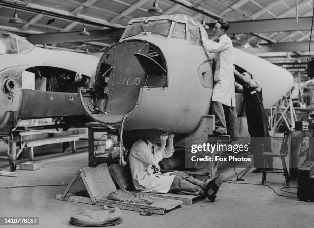 De Havilland DH98 Mosquito twin-engined multirole fighter-bomber aircraft under construction for service with the Royal Air Force circa October 1943...