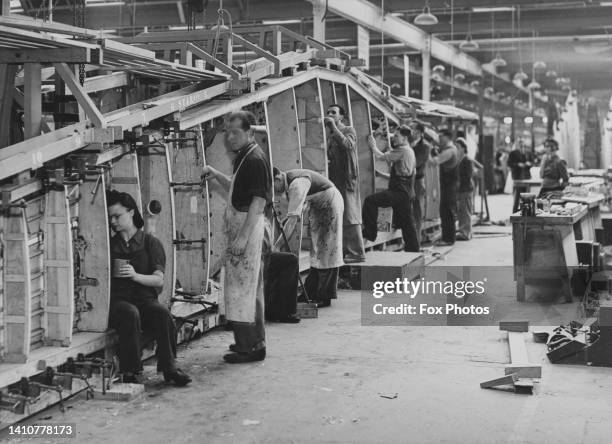 The wing section for a de Havilland DH98 Mosquito twin-engined multirole fighter-bomber aircraft under construction for service with the Royal Air...