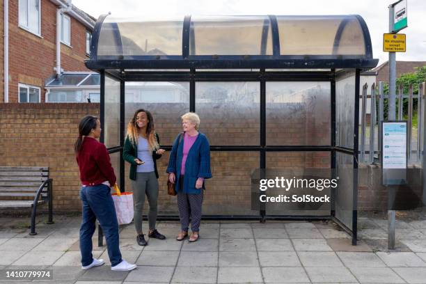 fare una chiacchierata alla fermata dell'autobus - bus shelter foto e immagini stock