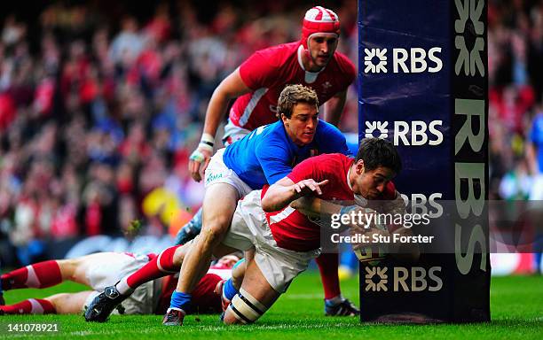 Wales forward Ryan Jones goes over but his try is dissalowed during the RBS Six Nations match between Wales and Italy at the Millennium stadium on...