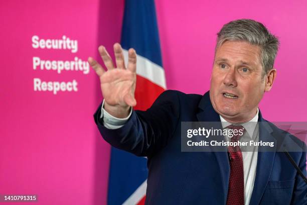 Sir Keir Starmer, leader of the Labour Party delvers a keynote speech on the economy at The Spine Building on July 25, 2022 in Liverpool, England.