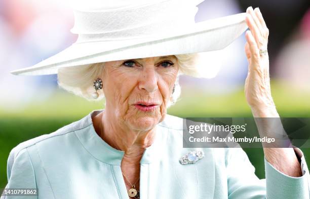 Camilla, Duchess of Cornwall attends the QIPCO King George Diamond Day, where she presented the prizes to the winners of The King George VI and Queen...