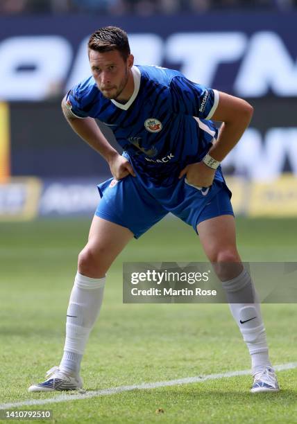 Ryan Malone of Hansa Rostock looks on during the Second Bundesliga match between Hamburger SV and F.C. Hansa Rostock at Volksparkstadion on July 24,...