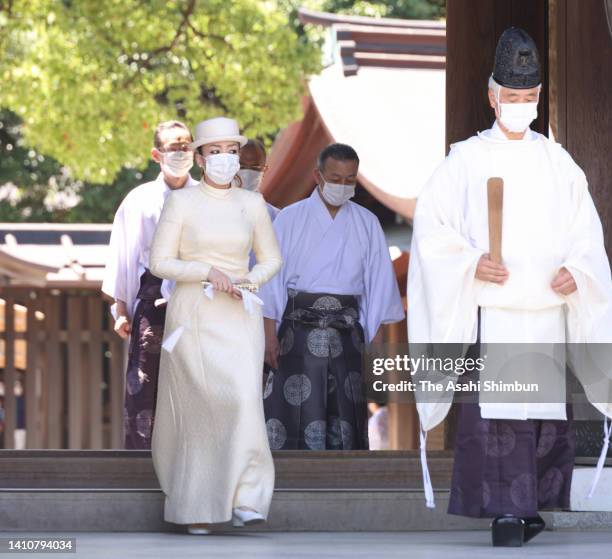 Princess Yoko Of Mikasa visits Meiji Shrine ahead of the 110th anniversary of the death of Emperor Meiji on July 25, 2022 in Tokyo, Japan.