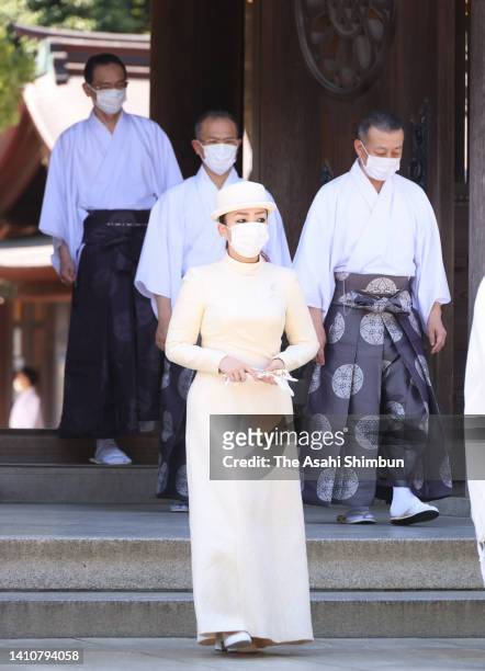 Princess Yoko Of Mikasa visits Meiji Shrine ahead of the 110th anniversary of the death of Emperor Meiji on July 25, 2022 in Tokyo, Japan.