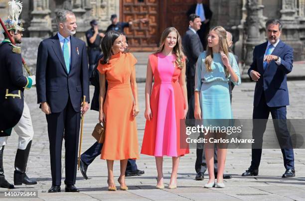 King Felipe VI of Spain, Queen Letizia of Spain, Princess Leonor of Spain and Princess Sofia of Spain attend the national offering to the apostle...