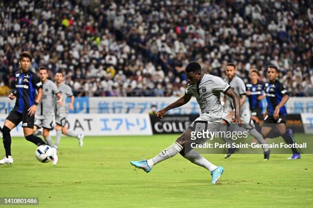 Nuno Mendes of Paris Saint-Germain scores his side's third goal during the preseason friendly between Paris Saint-Germain and Gamba Osaka at...