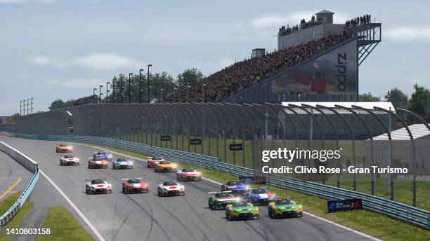 Competitors start the Nations Cup race during round one of the Gran Turismo World Series 2022 held at the virtual Watkins Glen circuit on July 23,...