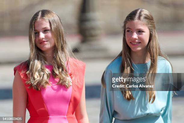 Crown Princess Leonor of Spain and Princess Sofia of Spain attend the national offering to the apostle Santiago during the regional festivity at the...