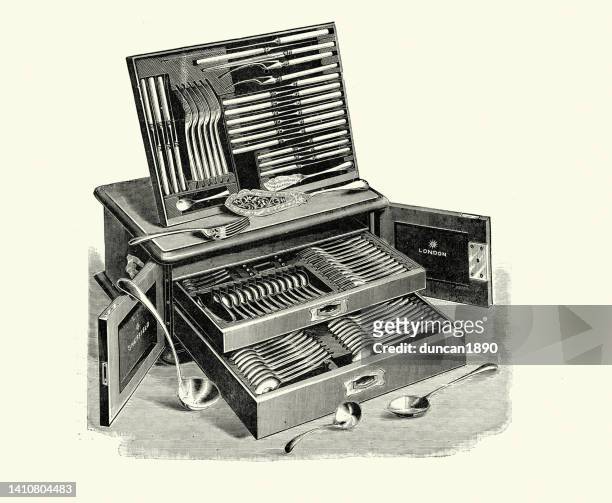 victorian silverware cutlery set and box, 1890s, 19th century - sheffield cutlery stock illustrations