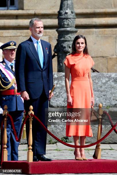 King Felipe VI of Spain and Queen Letizia of Spain attend the national offering to the apostle Santiago during the regional festivity at the...
