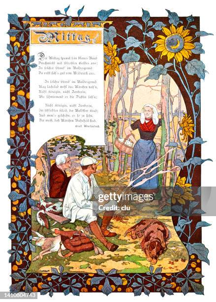 at noon: resting hunters talk to a woman with a basket - dog in a basket cartoon stock illustrations