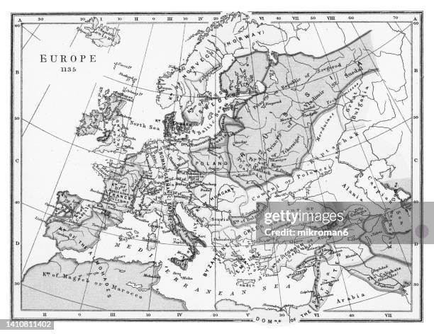old chromolithograph map of europe in 1135 - map of europe and physical geography cartoon stock pictures, royalty-free photos & images