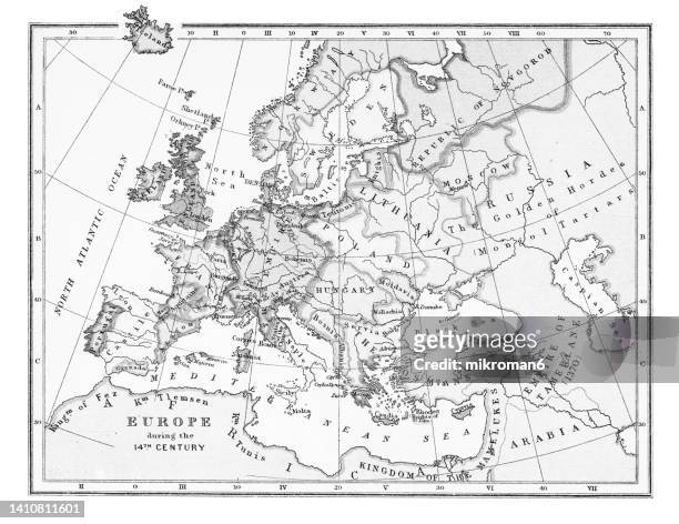old chromolithograph map of europe during the 14-th century - cartografie stock-fotos und bilder