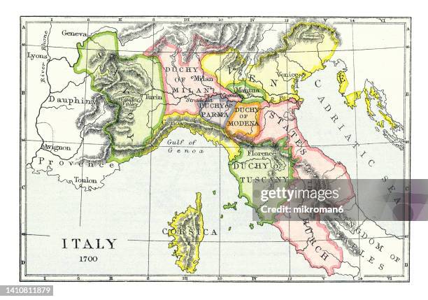 old chromolithograph map of italy in 1700 - map of florence italy bildbanksfoton och bilder