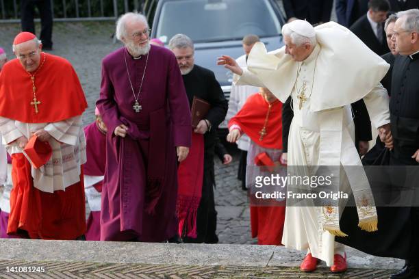 Pope Benedict XVI and Archbishop of Canterbury Rowan Williams arrive at the Basilica of San Gregorio al Celio for the Vespers Prayer Service on March...