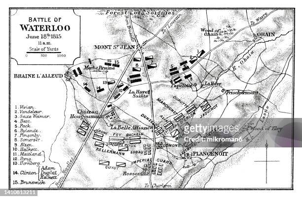 old engraved map of battle of waterloo (18 june 1815) - napoleonbonaparte stock pictures, royalty-free photos & images