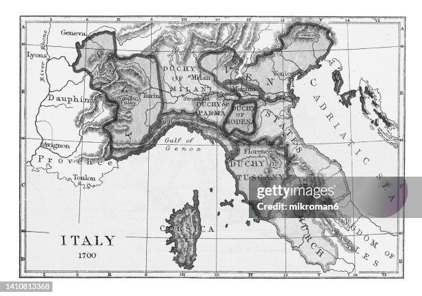 old chromolithograph map of italy in 1700 - map of florence italy bildbanksfoton och bilder