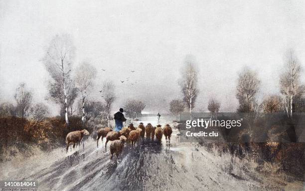 羊飼いとその群れの帰郷 - retro landscape点のイラスト素材／クリップアート素材／マンガ素材／アイコン素材